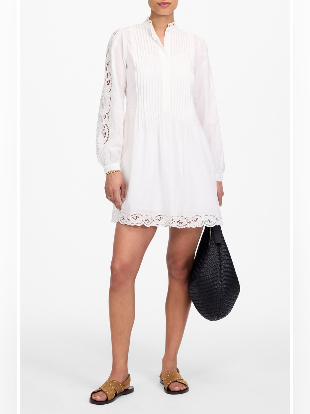 Madewell Pintuck White Eyelet Lace Trim Button-Front Cotton Mini Dress, Boho, M
